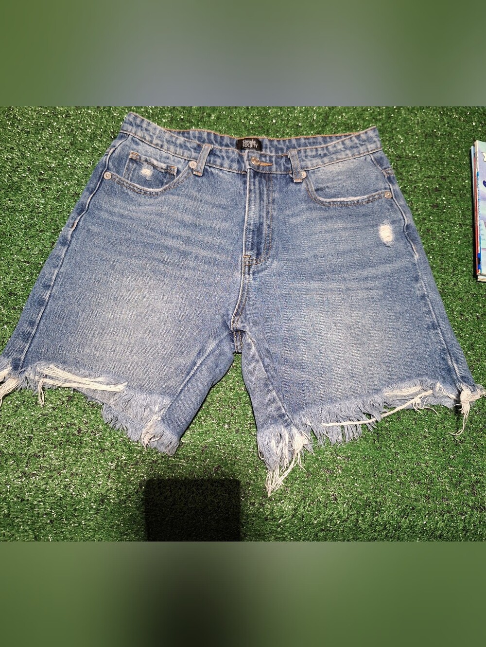 Simple Society Distressed Denim Cutoff Shorts Medium Wash Frayed Raw Hem
